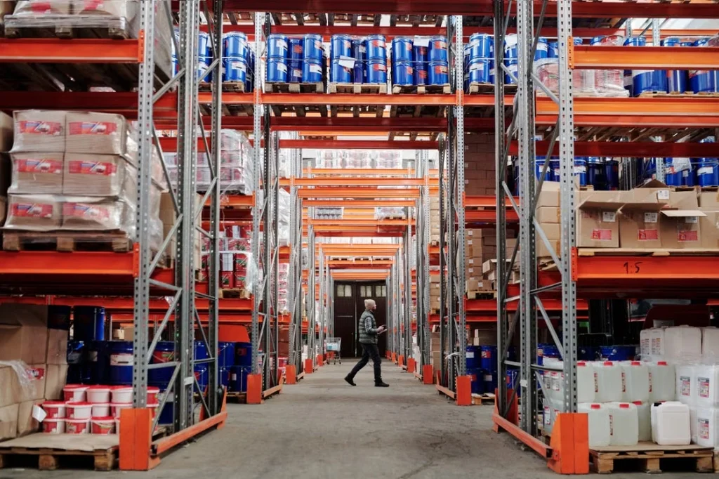Industrial warehouse facility with high-bay racking system and inventory management operations
