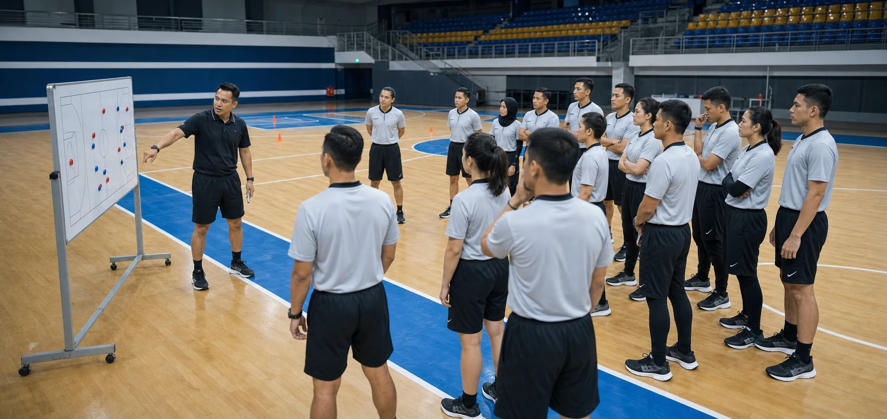 Referee trainees reviewing match positioning with an instructor