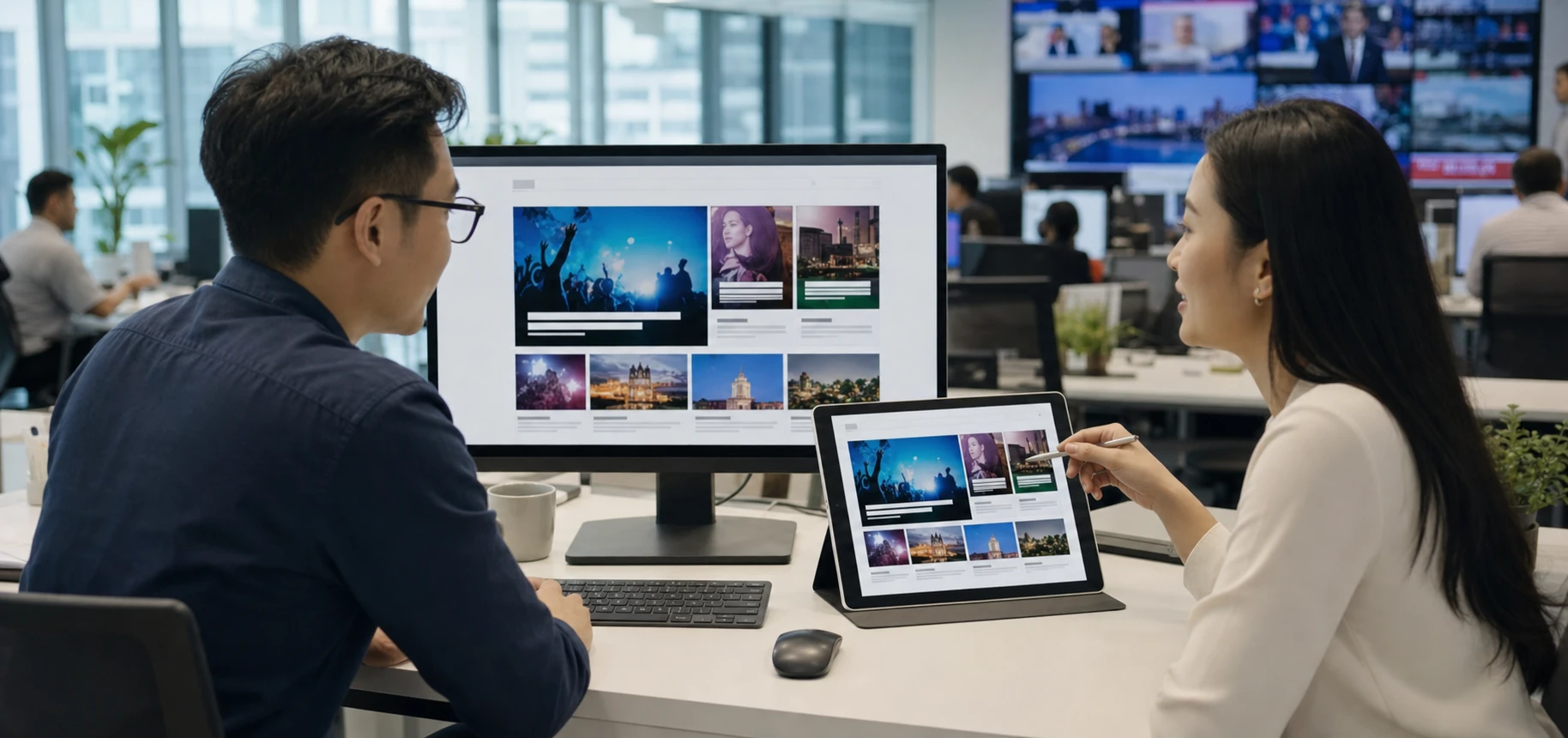 Editorial team reviewing a consistent responsive brand experience